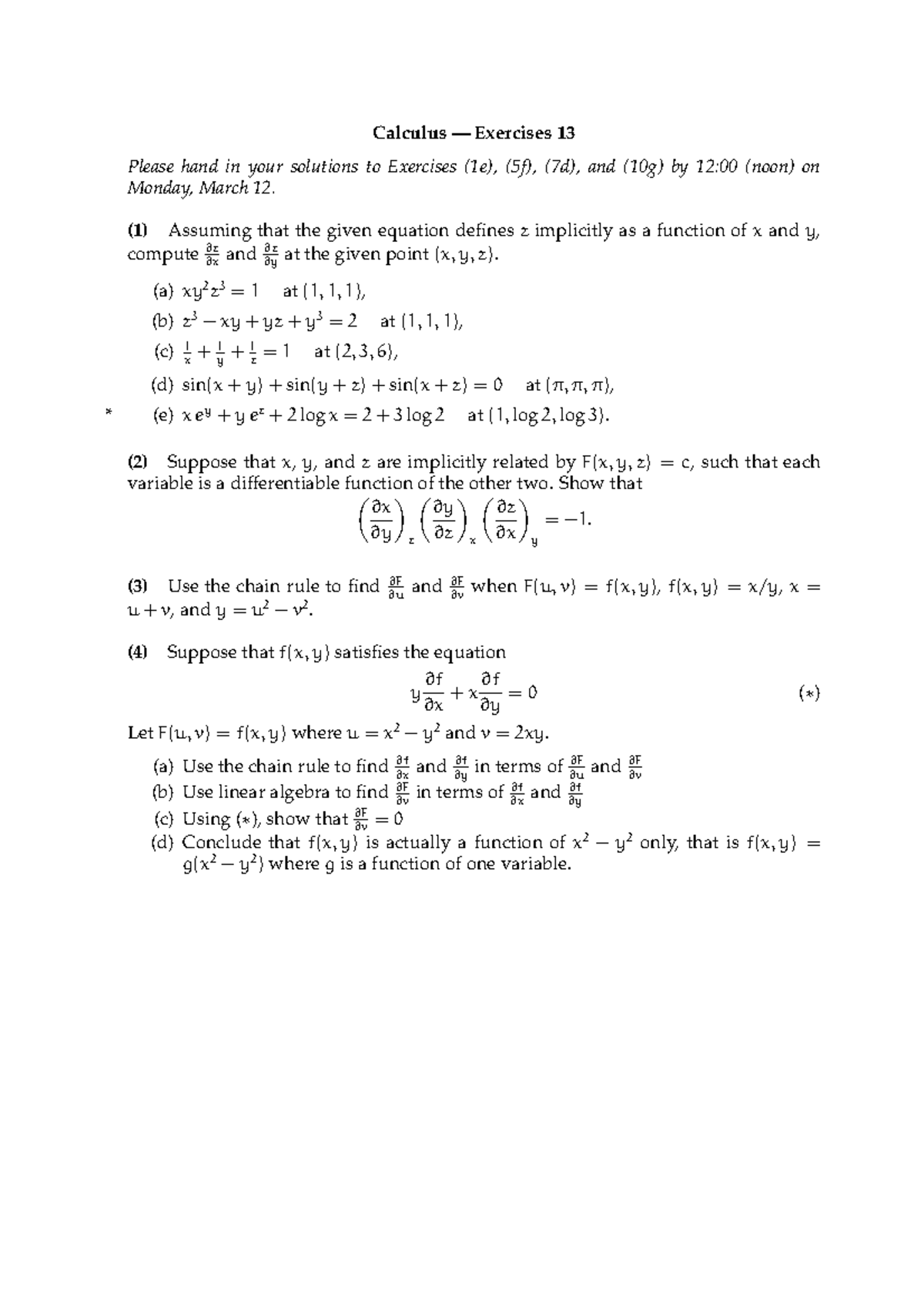 Calculus Assessment 13 Question Sheet Calculus Exercises 13 Please Hand In Your Studocu