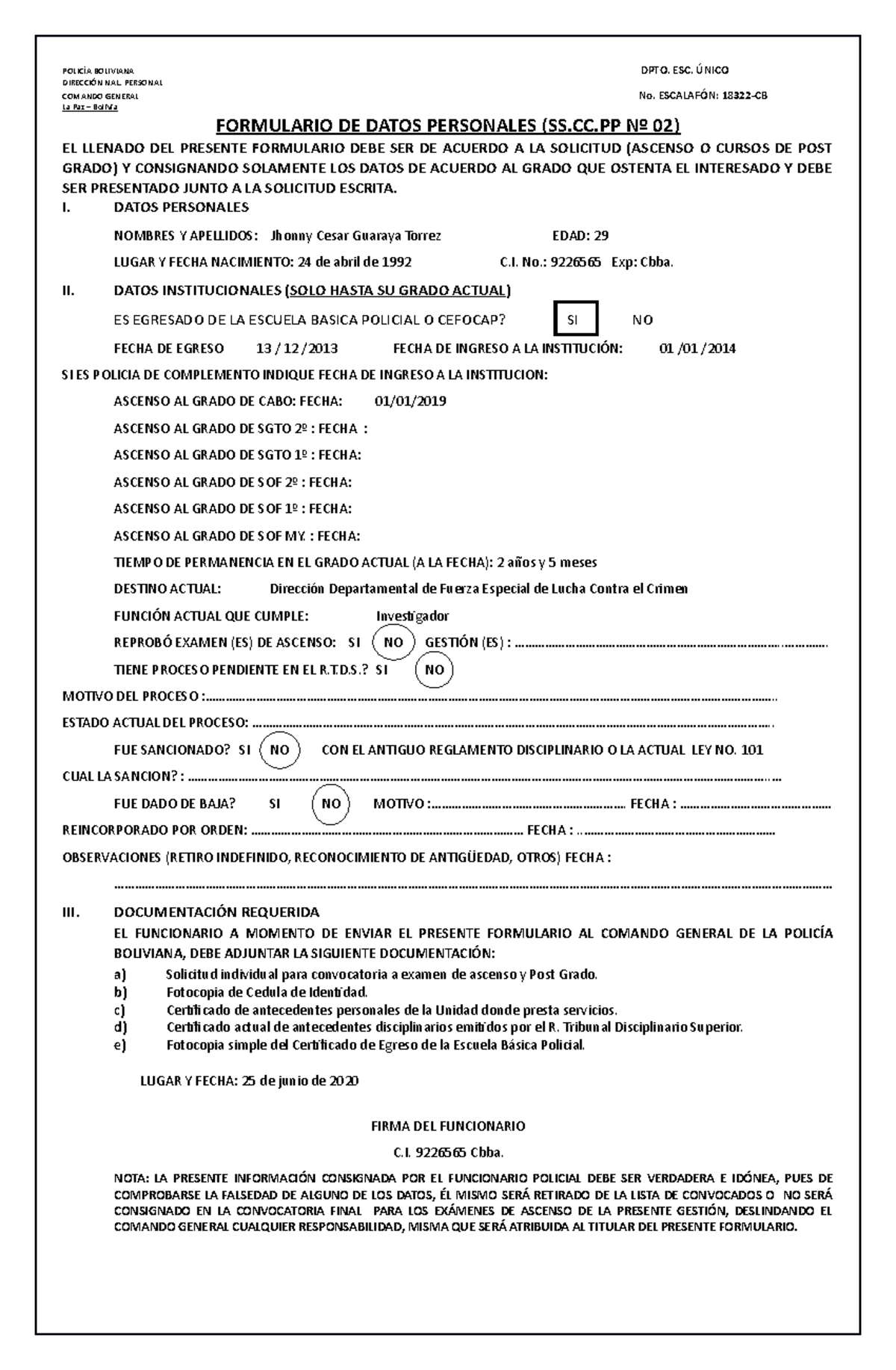 FORM. CCPP 02 - lectura - POLICÍA BOLIVIANA DIRECCIÓN NAL. PERSONAL ...