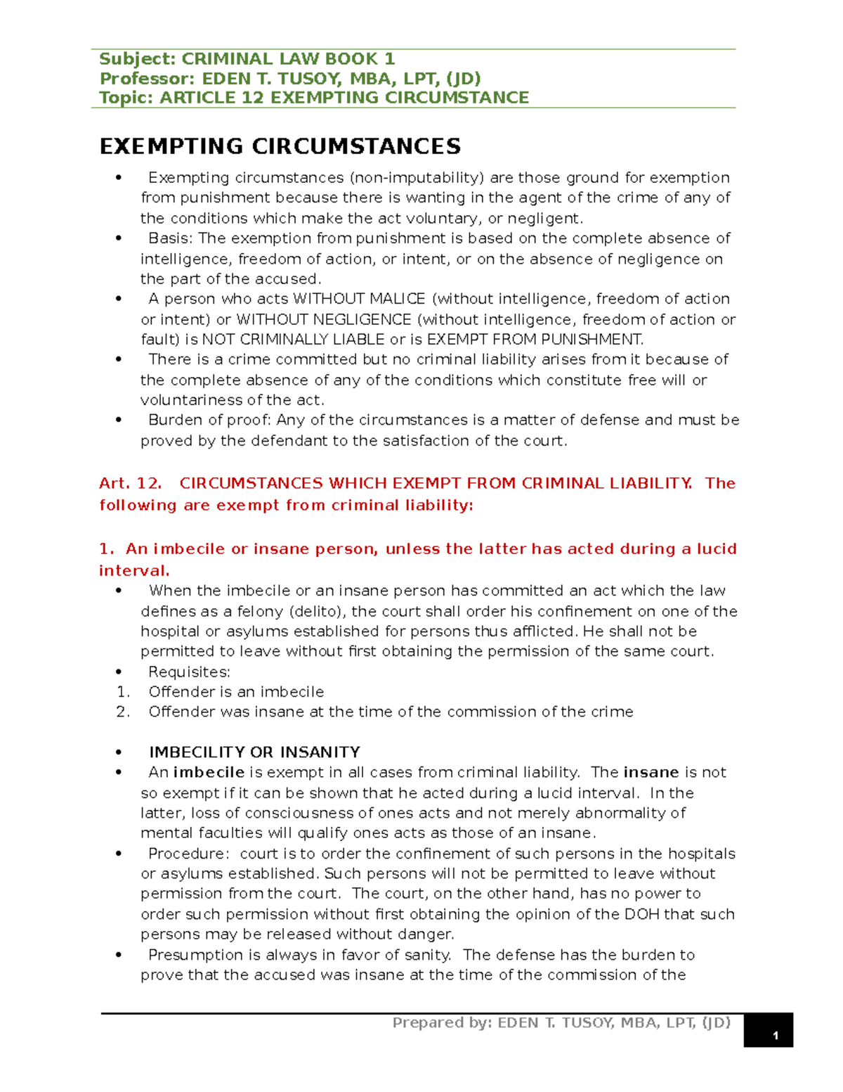 CRIMINAL LAW 1 Module 4 - Prepared By: EDEN T. TUSOY, MBA, LPT, (JD ...