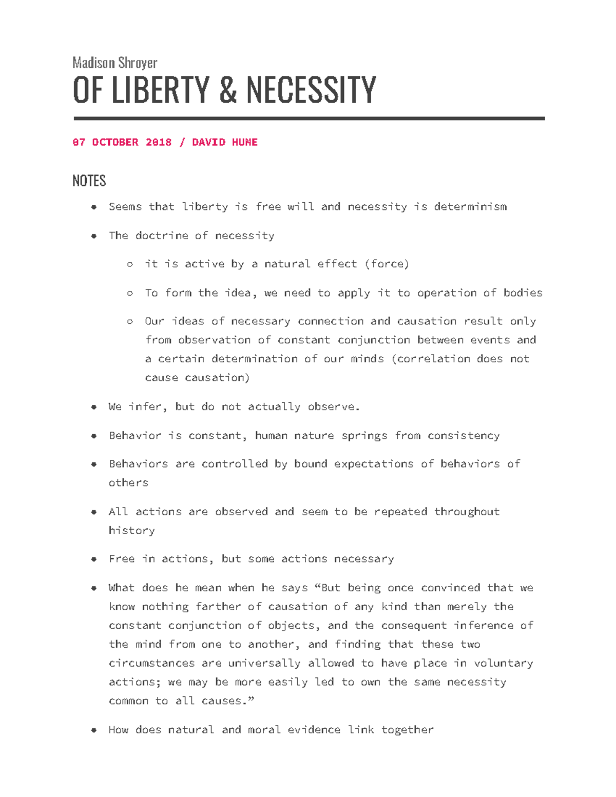 MS David Hume Of Liberty and Necessity Madison Shroyer OF LIBERTY