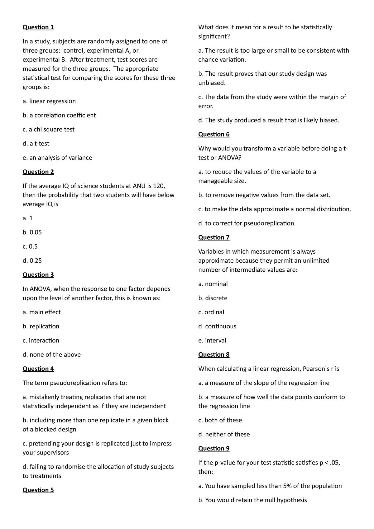 Experimental Design and Analysis in Biology - Practical - Quiz 2 - StuDocu