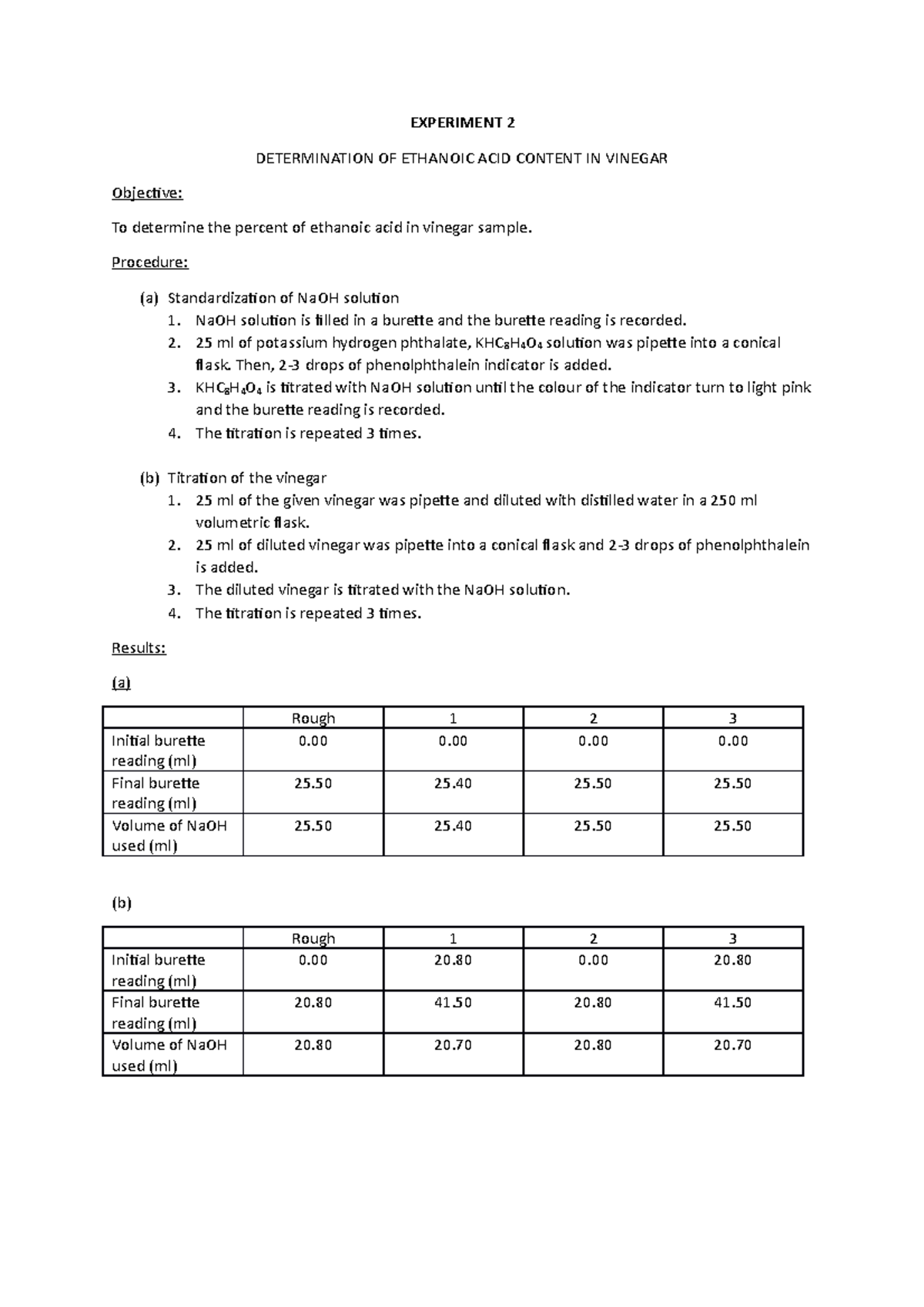 Determination OF Ethanoic ACID Content IN Vinegar EXPERIMENT 2