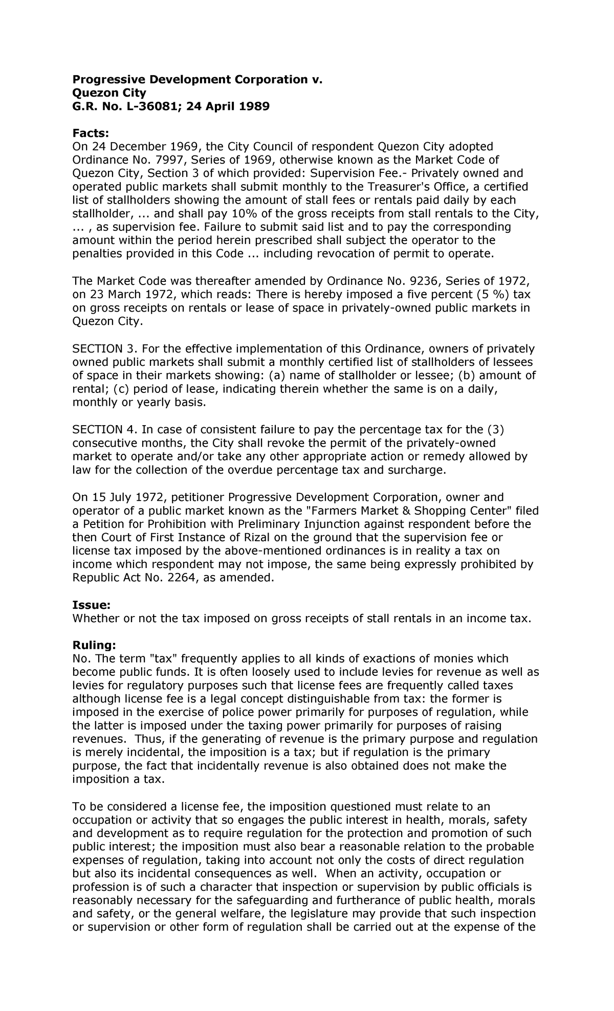 Progressive Development Corporation v. QC Quezon City G. No. L36081