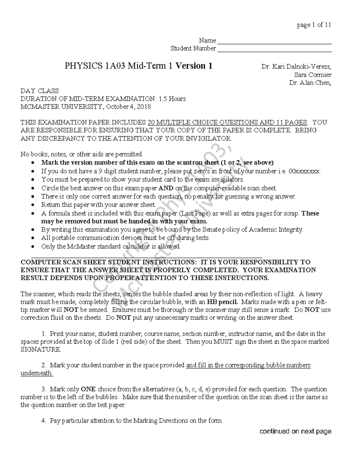 Physics Test 3 pdf - page 1 of 11 continued on next page Name