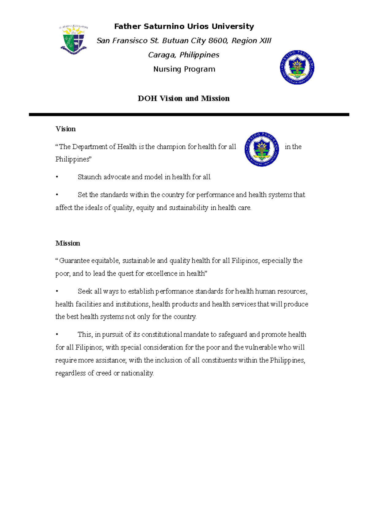 DOH Vision& Mission - Father Saturnino Urios University San Fransisco ...