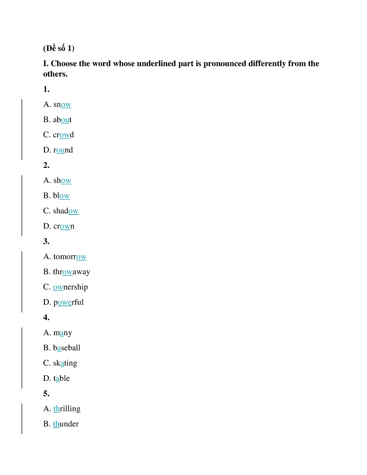 Đề Số 1 - Giải đề - (Đề Số 1) I. Choose The Word Whose Underlined Part ...