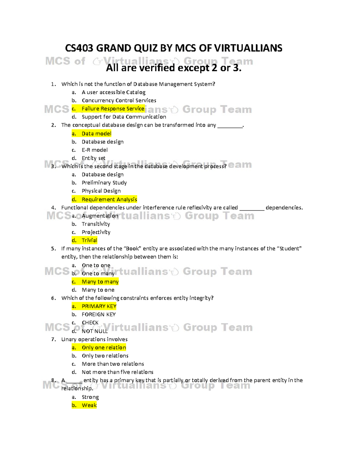 CS403 Finallized Grand Quiz By MCS Of Virtuallians - CS403 GRAND QUIZ ...