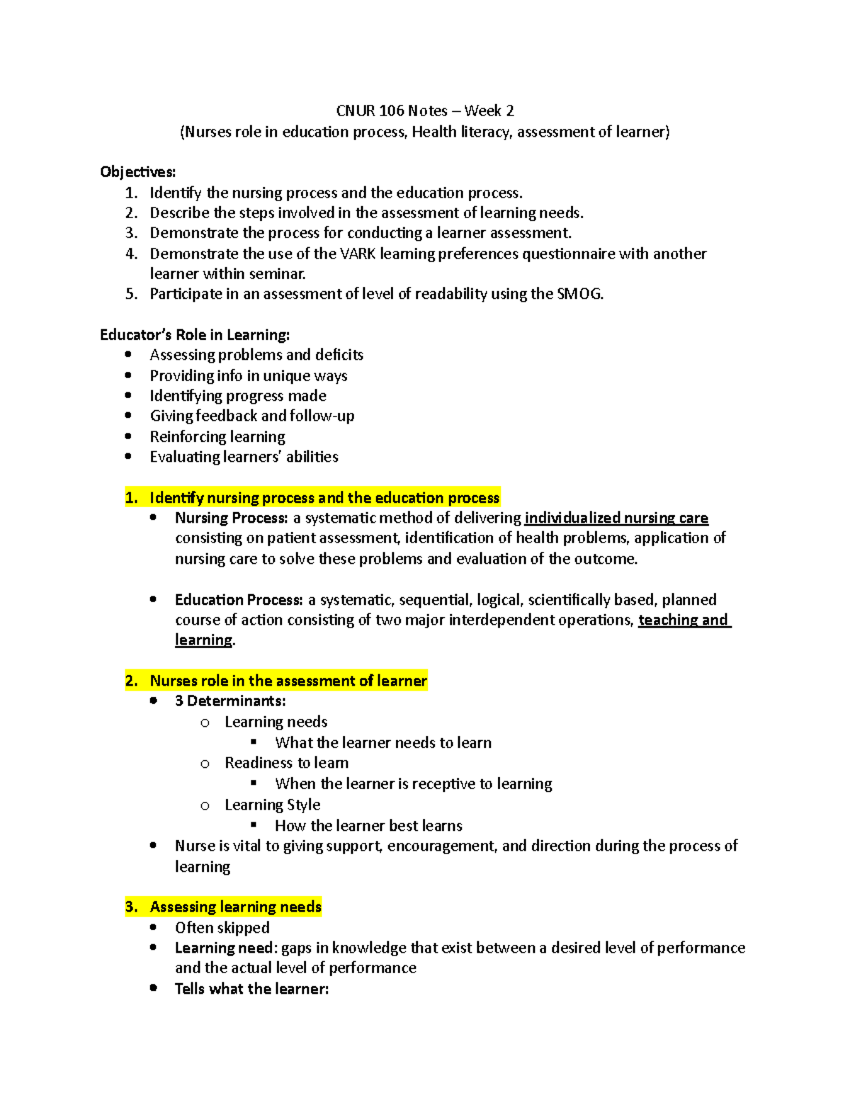 CNUR 106 Notes Week 2 - CNUR 106 Notes – Week 2 (Nurses role in ...