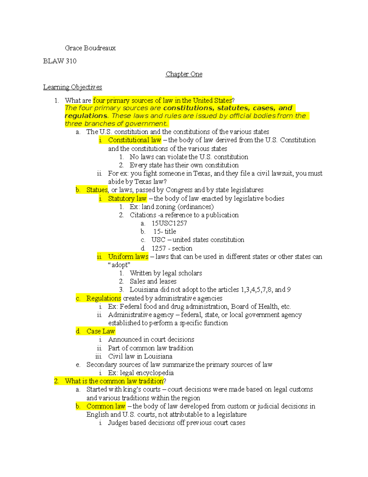 Exam One Textbook Notes - Edited - Grace Boudreaux BLAW 310 Chapter One ...