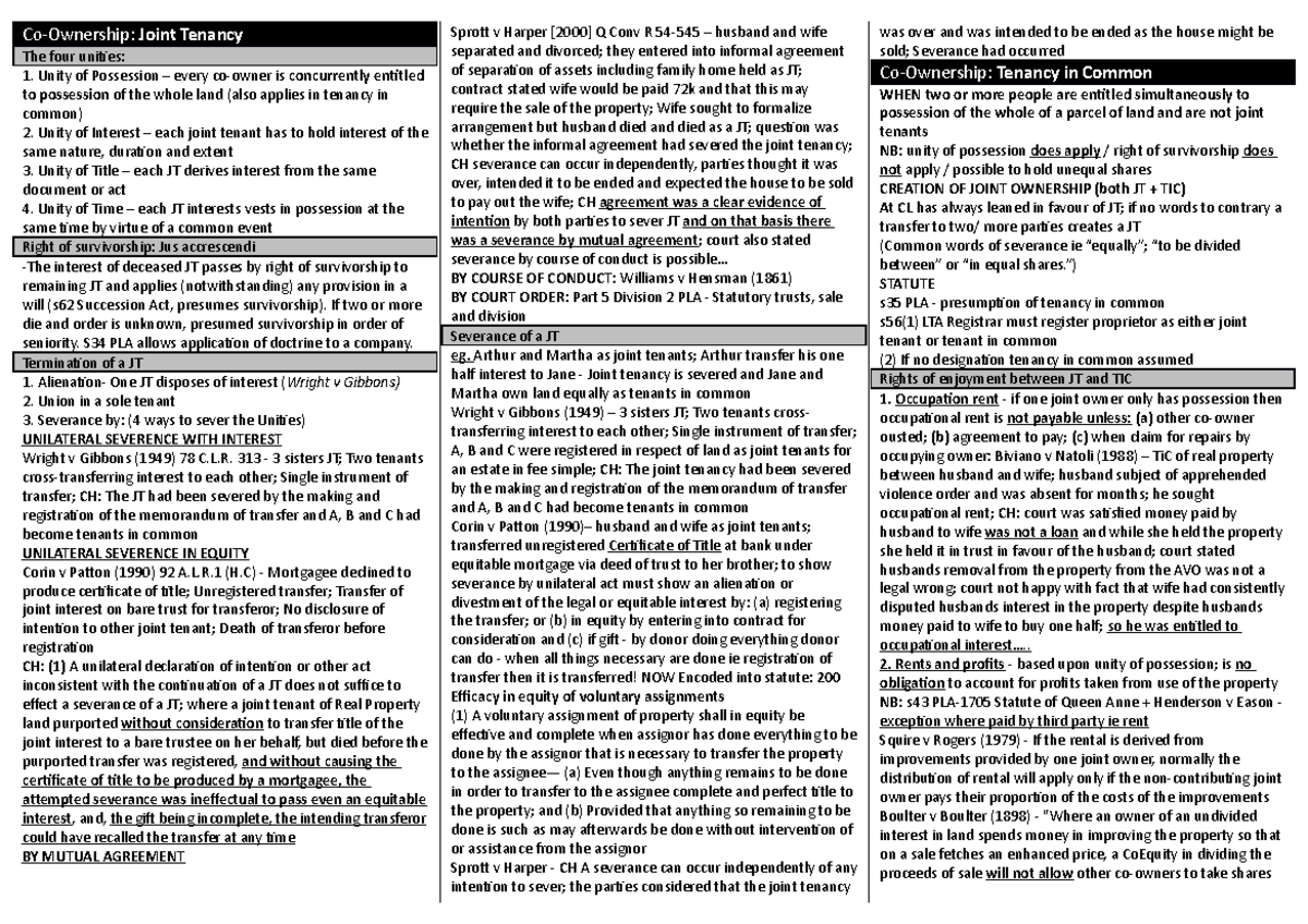 Land Law Summary Notes - Joint Tenancy The four unities: 1. Unity of ...