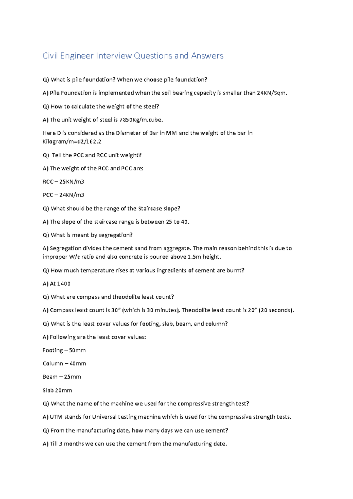 Civil Engineer Interview Questions and Answers PDF - Q) How to ...