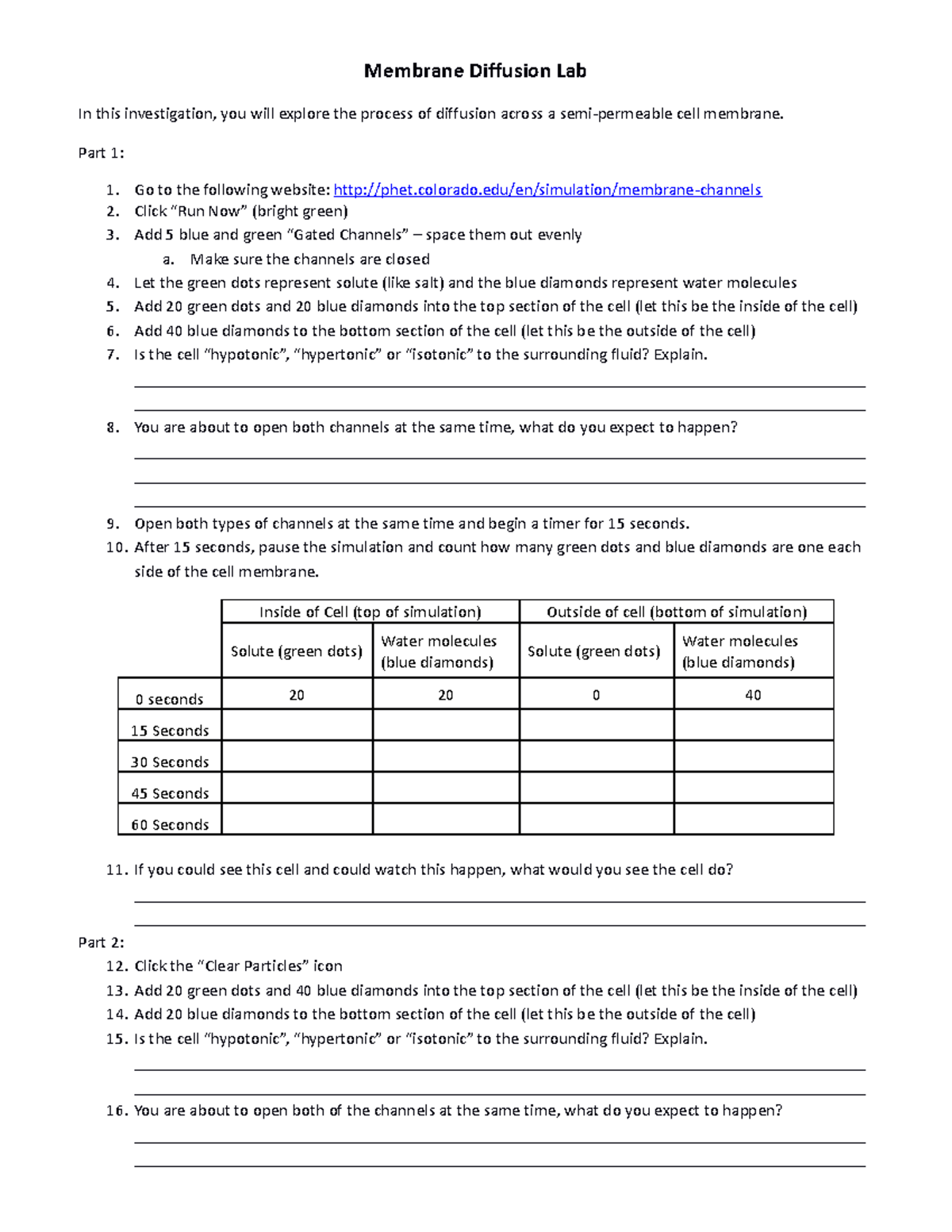 Virtual Membrane Diffusion Lab Phet - Membrane Diffusion Lab In this ...