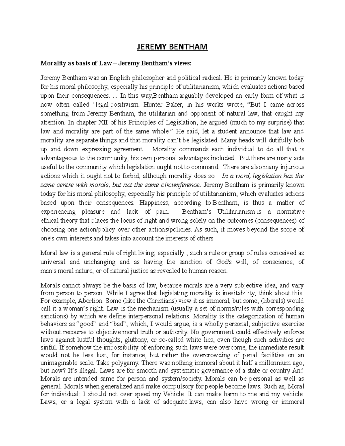 Jeremy Bentham Notes Sociology - JEREMY BENTHAM Morality As Basis Of ...