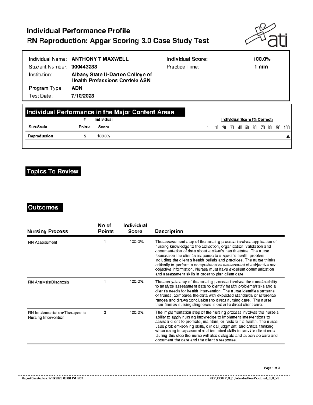 ATI Apgar notes Individual Performance Profile RN Reproduction
