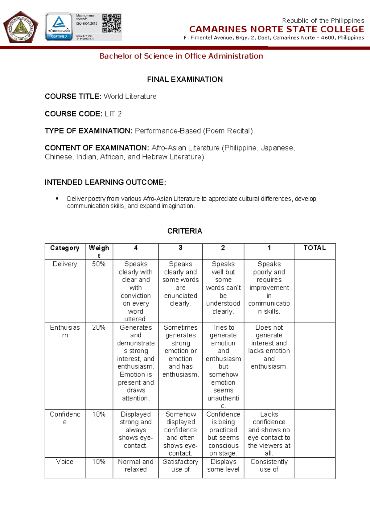 Final Examination LIT 2 - Republic of the Philippines CAMARINES NORTE ...