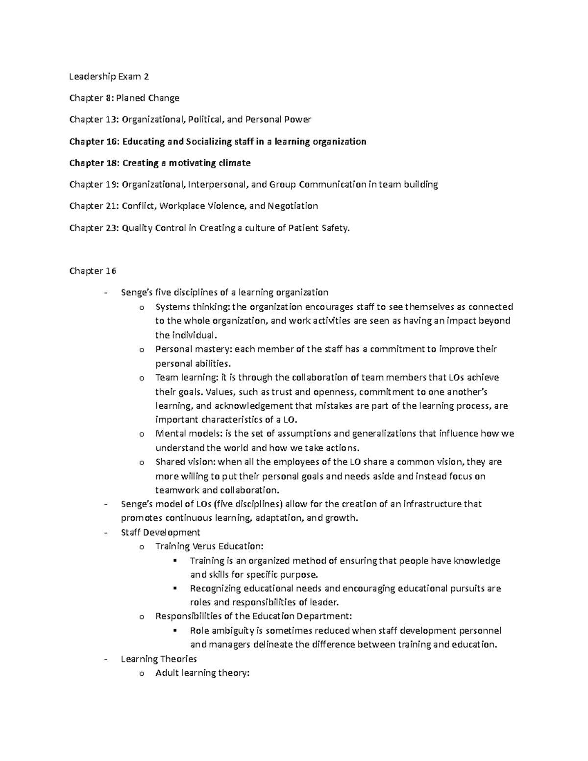 Leadership Ch 16 - Leadership Exam 2 Chapter 8: Planed Change Chapter ...