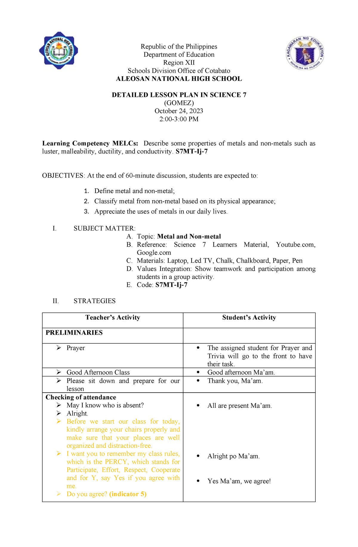 1st cot - this is a sample COT plan for first Quarter - Republic of the ...