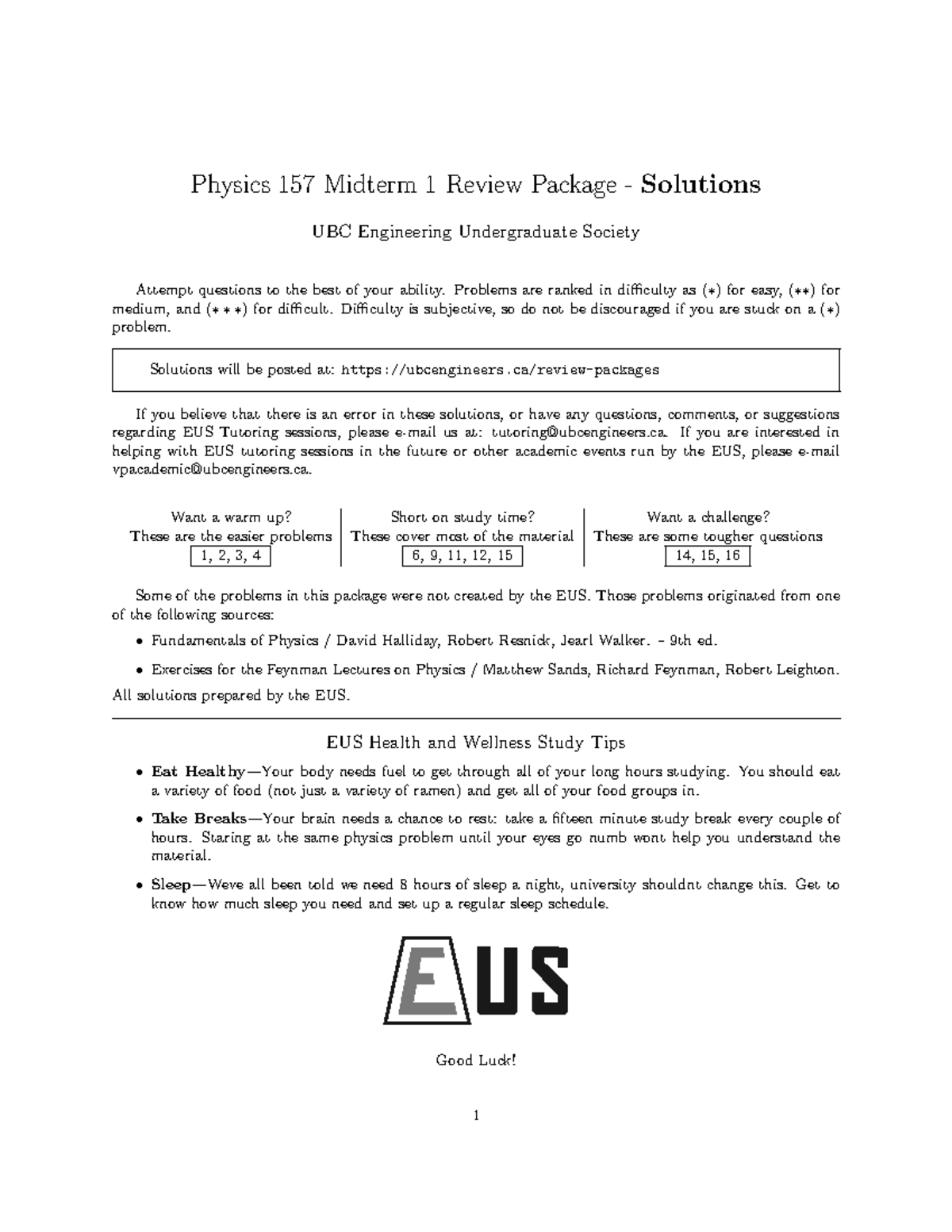 Physics 157 Midterm 1 Review Package Complete - Physics 157 Midterm 1 ...