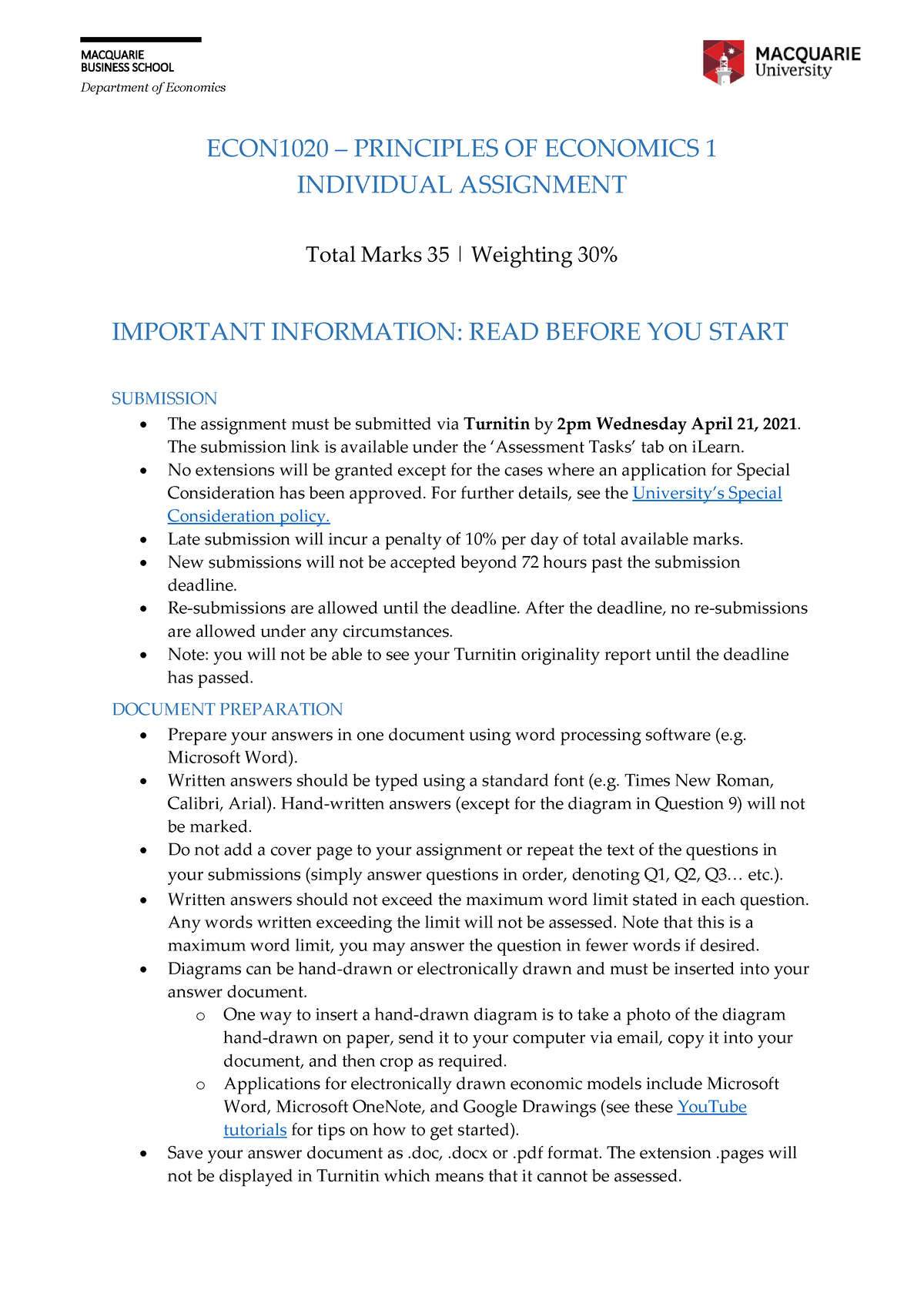 ECON1020 S1 2021 Assignment - BUSINESS SCHOOL Department Of Economics ...