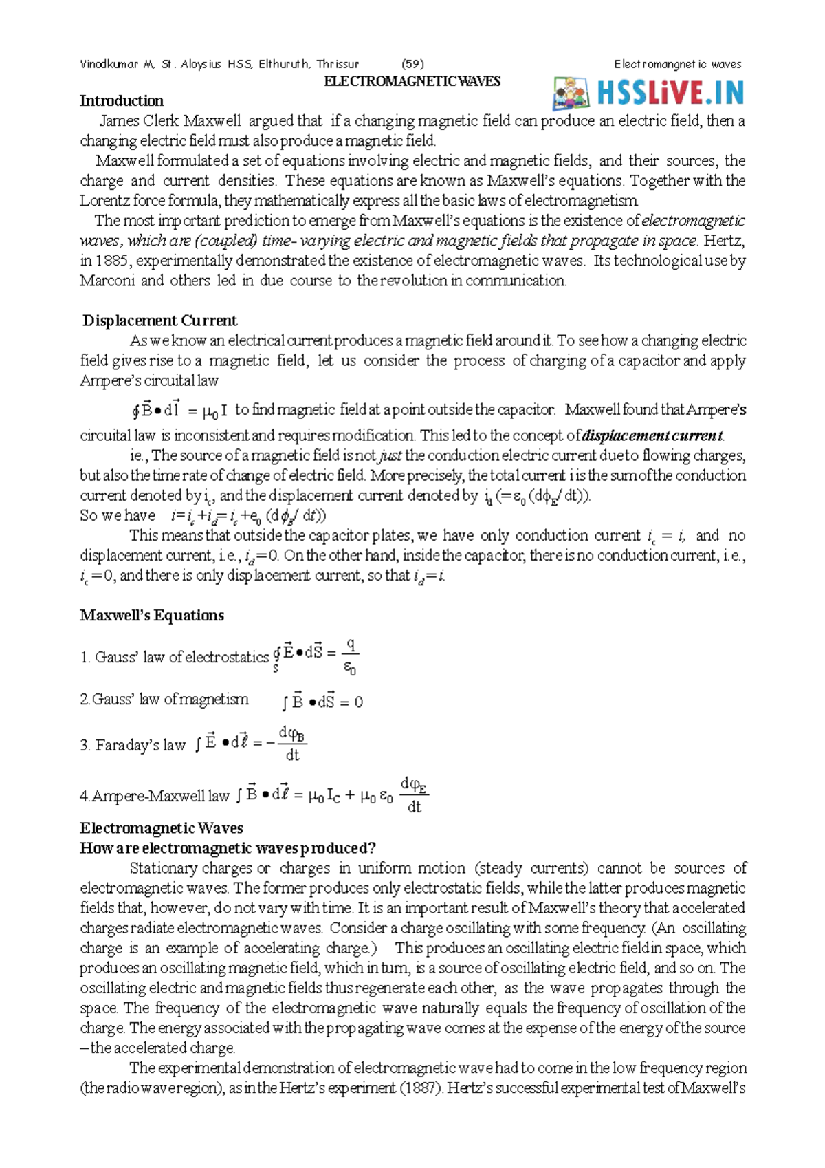 Hsslive-5. Electromagnetic Waves - ELECTROMAGNETIC WAVES Introduction ...