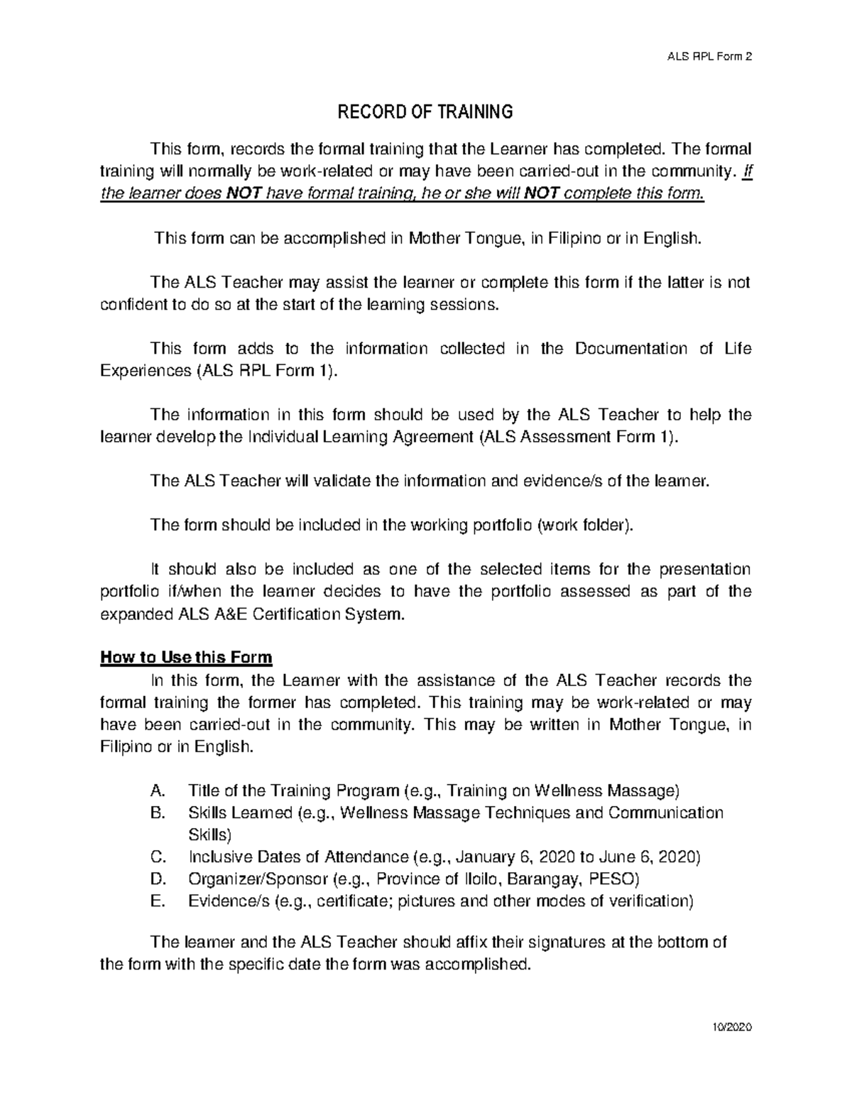RPL Form 2 Descrition and How to Use - ALS RPL Form 2 10/ RECORD OF ...