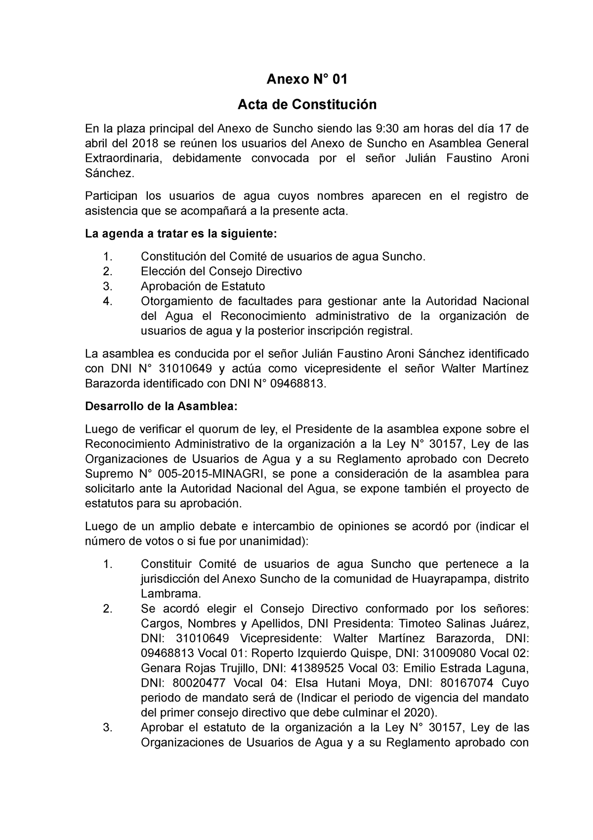 Acta De Constitucion Ffffffffff Anexo N° 01 Acta De Constitución En La Plaza Principal Del 