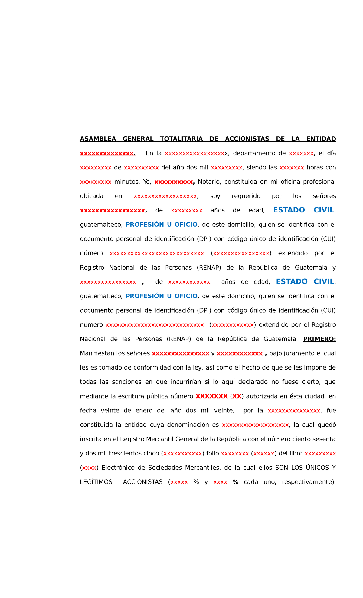 Asamblea General Acta De Nombramiento De Representante Legal Para La