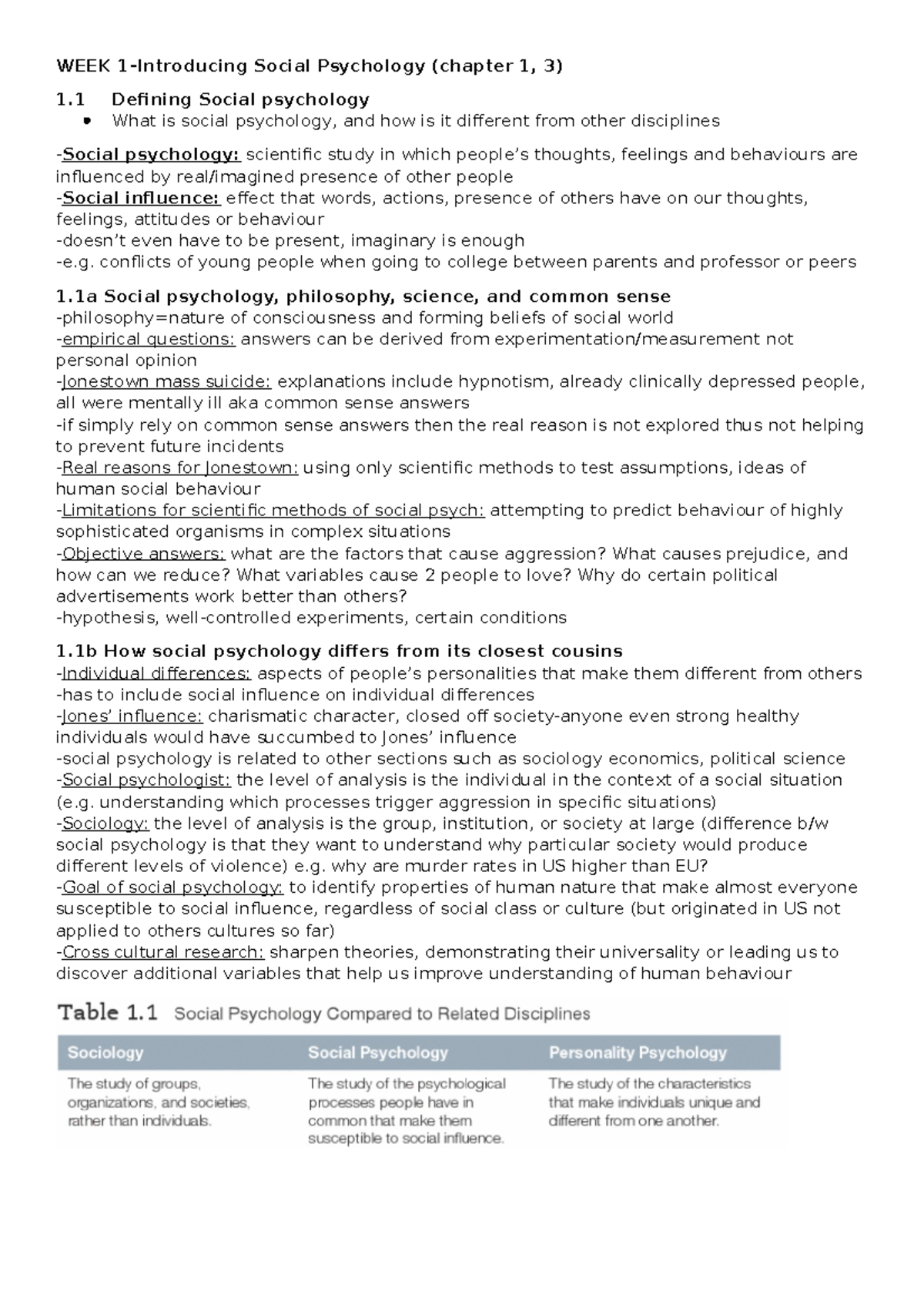 WEEK 1 social psych intro - WEEK Social Psychology (chapter 1, 3) 1 ...