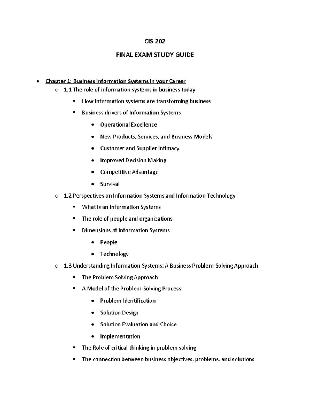 Final Exam Study Guide - CIS 202 FINAL EXAM STUDY GUIDE Chapter 1 ...