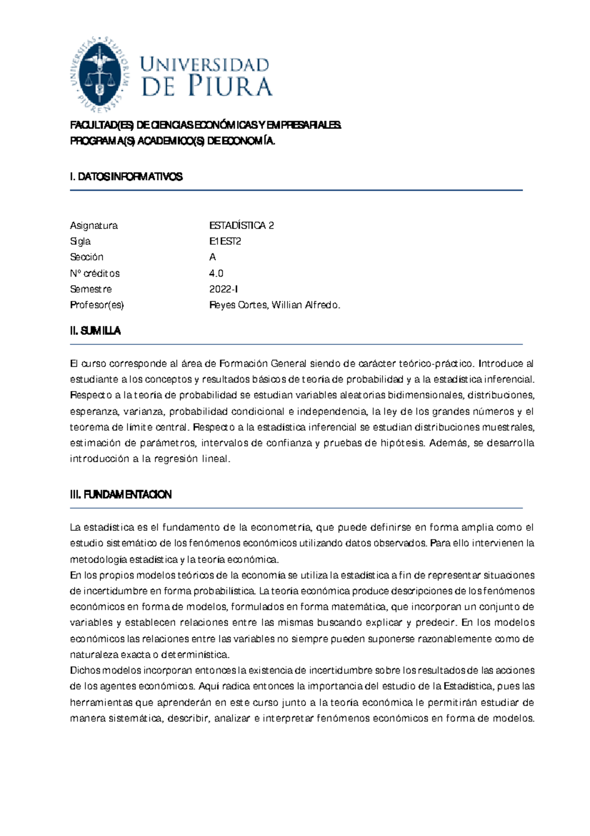 Silabo Estadística 2 A 2022-I - FACULTAD(ES) DE CIENCIAS ECONÓMICAS Y ...