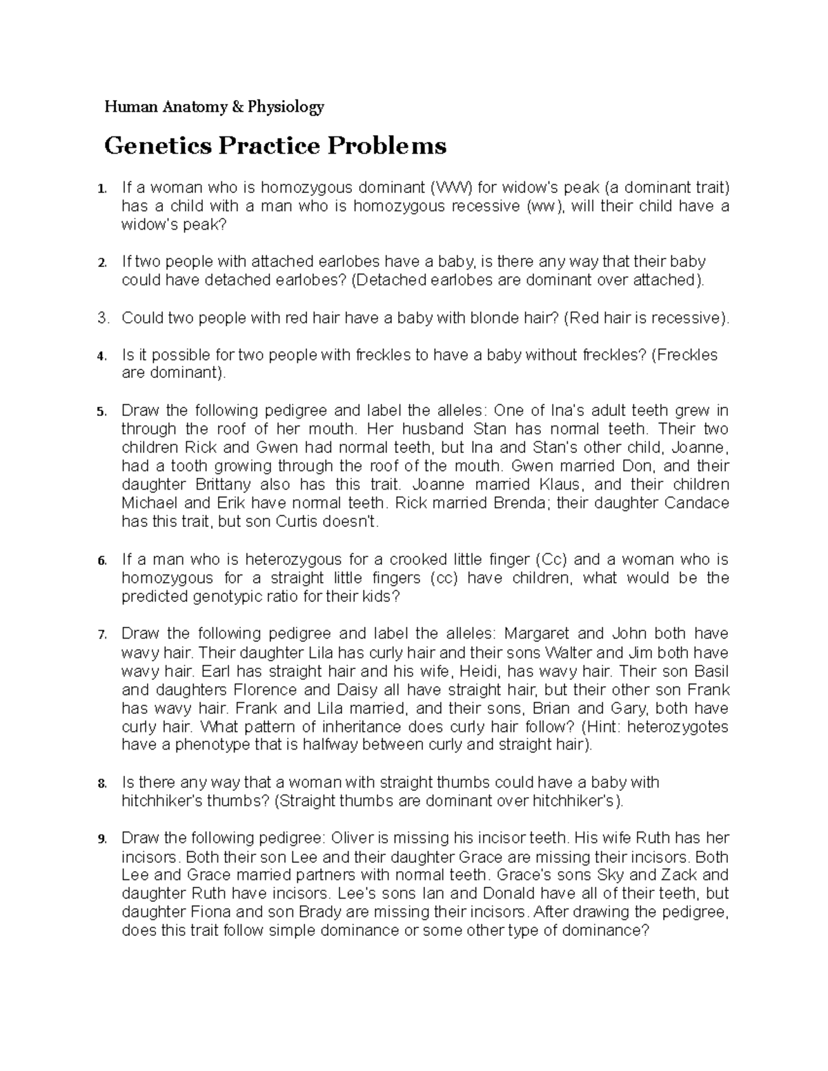 Genetics Practice Problems - Human Anatomy & Physiology Genetics ...