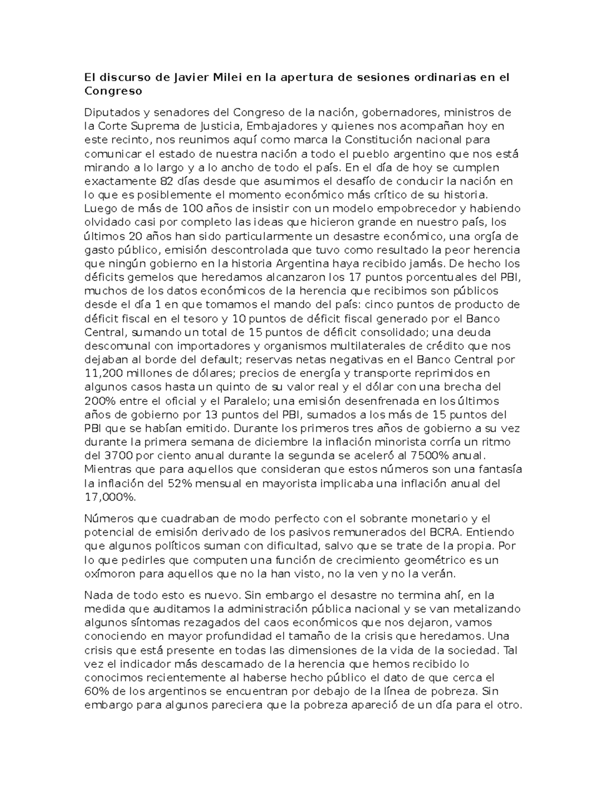 El discurso de Javier Milei en la apertura de sesiones ordinarias en el ...