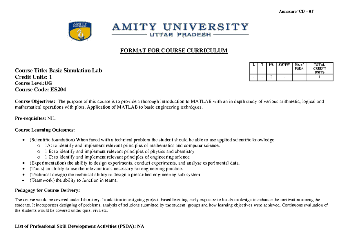 Basic Simulation Lab - Annexure ‘CD – 01 ’ FORMAT FOR COURSE CURRICULUM ...