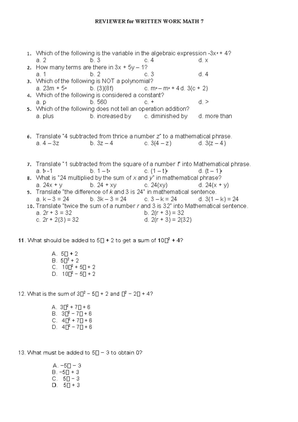 Reviewer for WW Math 7 - for grade 7 - REVIEWER for WRITTEN WORK MATH 7 ...