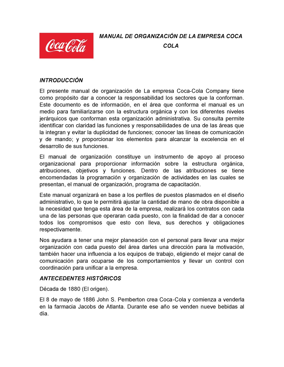 Manual DE Organización DE LA Empresa COCA COLA - MANUAL DE ORGANIZACIÓN DE  LA EMPRESA COCA COLA - Studocu