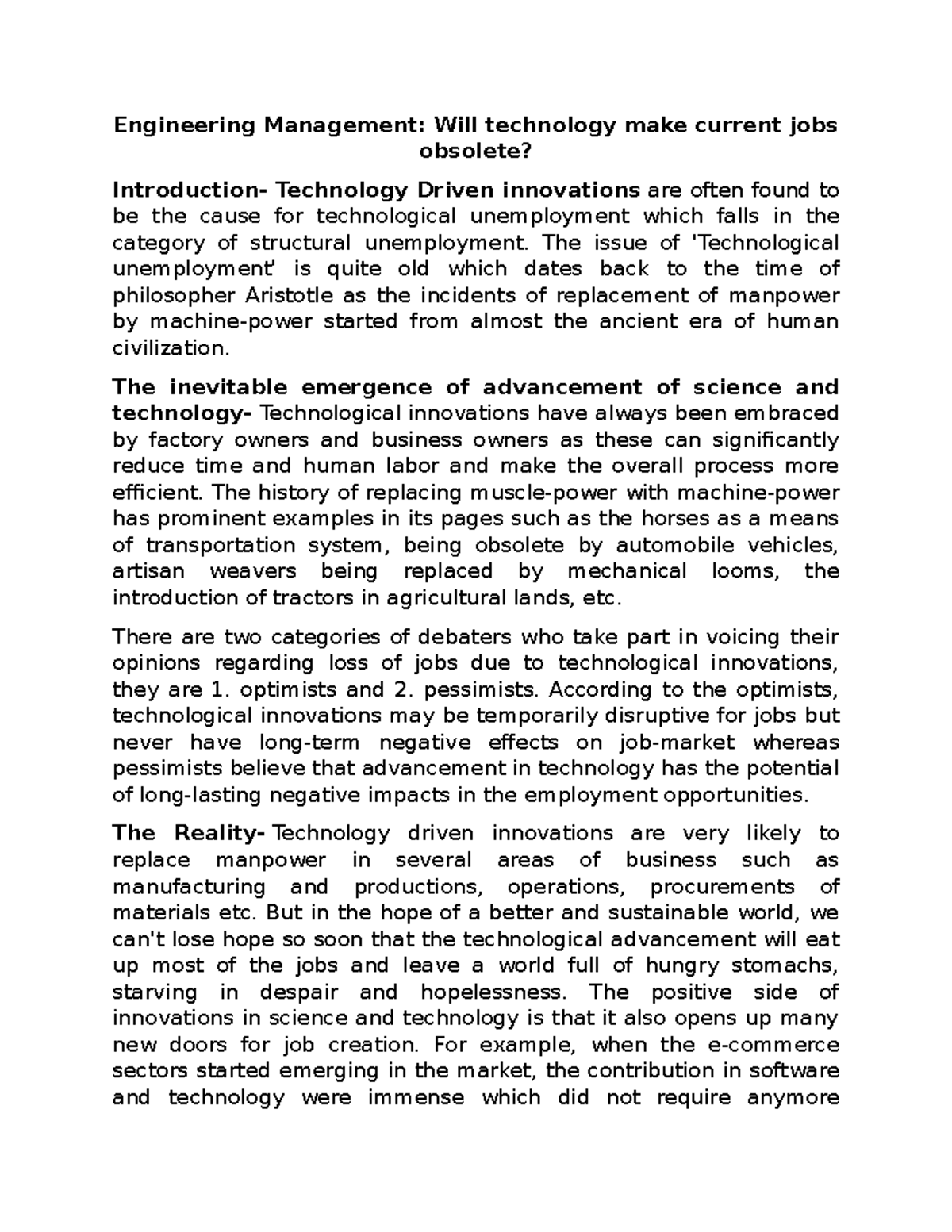 Engineering Management 3 - The issue of 'Technological unemployment' is ...