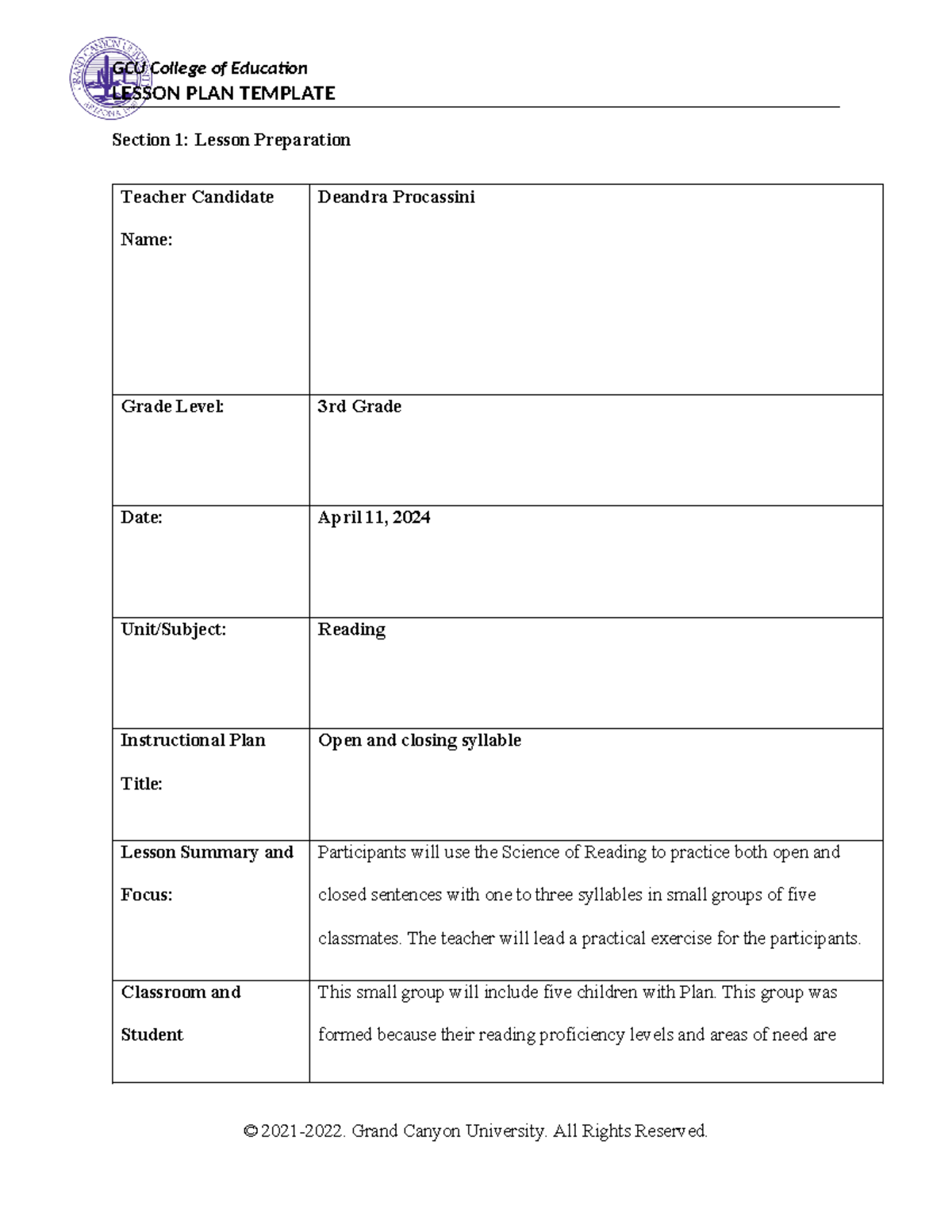 SPD 578 Benchmark – Special Education Lesson Plan - LESSON PLAN ...