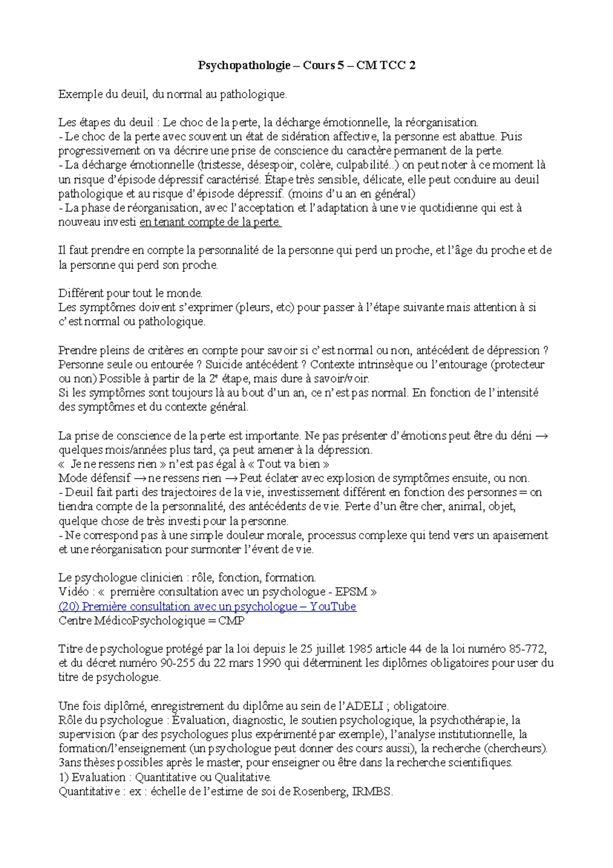 CM5-2 TCC 2 - Psychopathologie – Cours 5 – CM TCC 2 Exemple du deuil ...