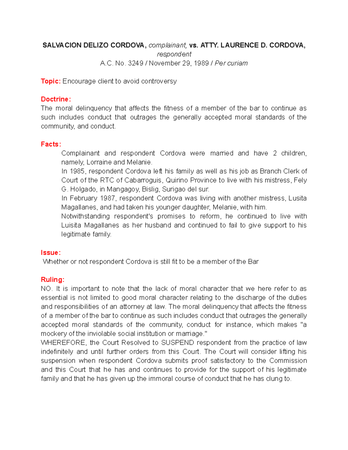Cordova v Cordova (AC 3249) SALVACION DELIZO CORDOVA, complainant, vs. ATTY. LAURENCE D