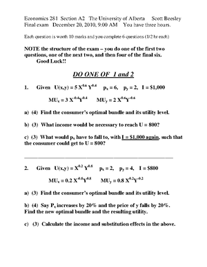 Exam 2011, questions and answers - Econ 281 (A2) Fall 2011 Midterm I ...