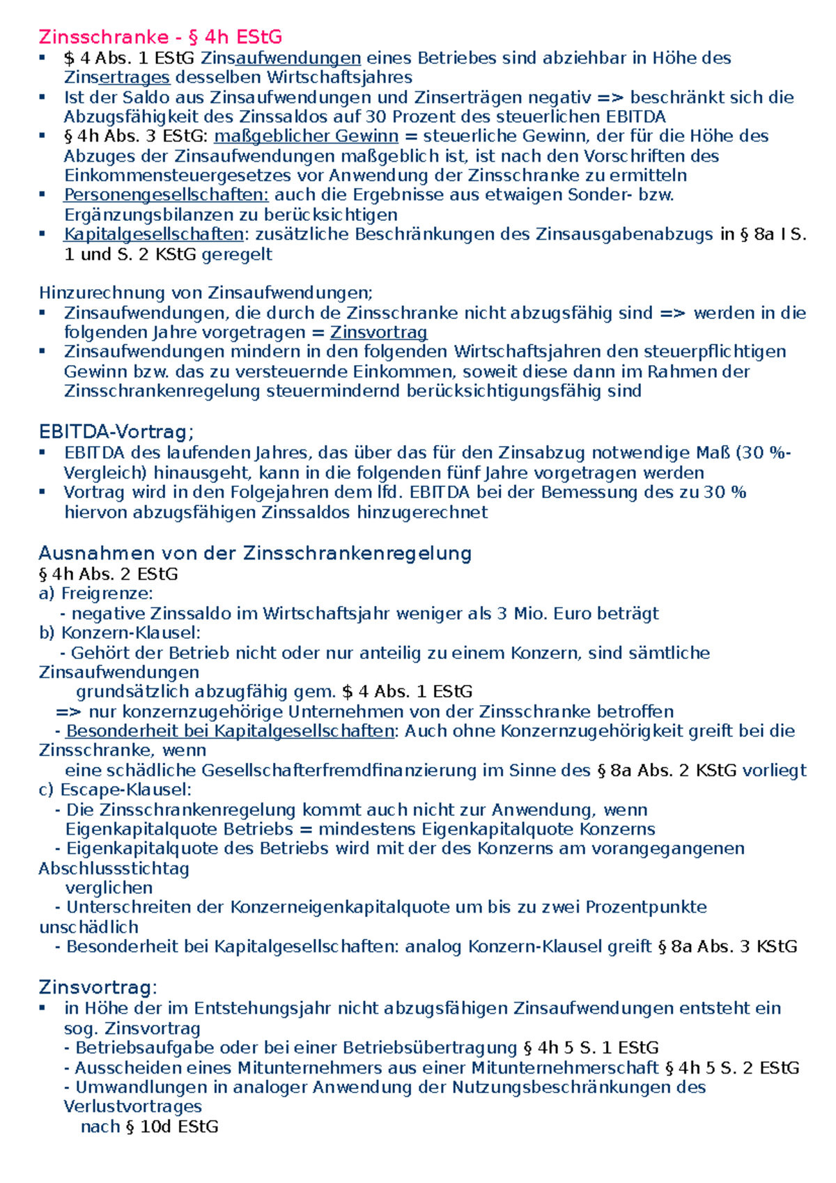 Zinsschranke - § 4h EStG - Zinsschranke - § 4h EStG $ 4 Abs. 1 EStG ...