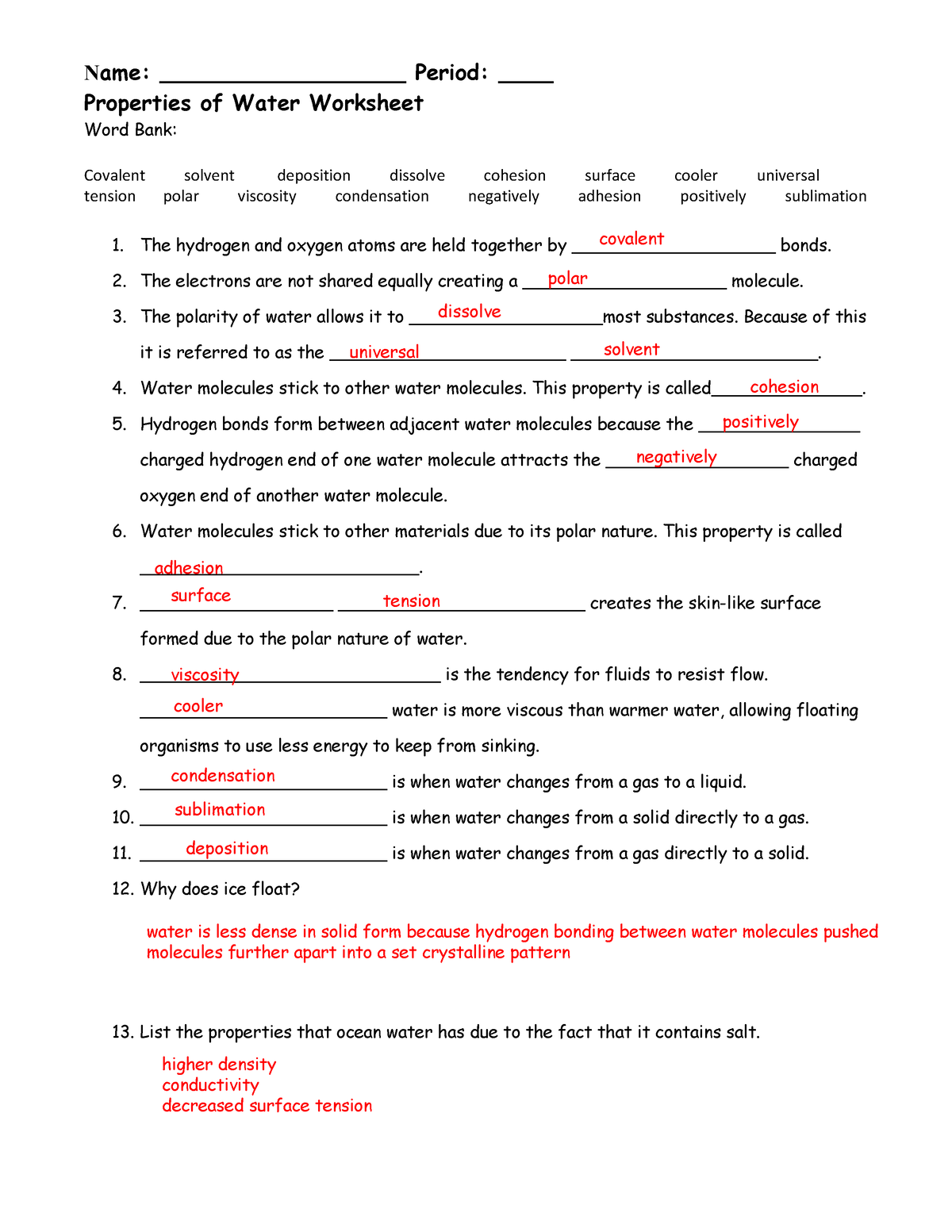 Properties Of Water Worksheet Answers Quizlet