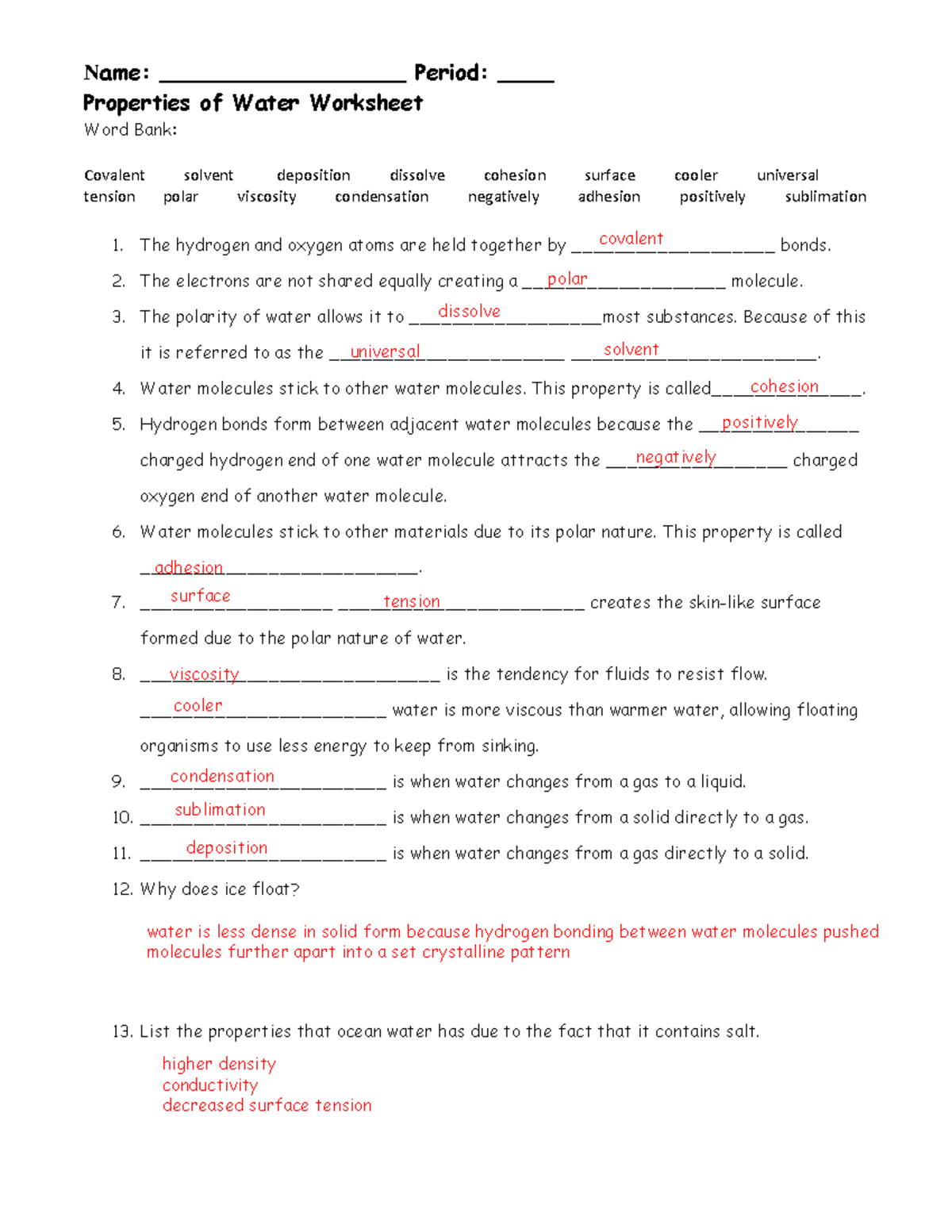 Changes Of State In Water Worksheet Answers