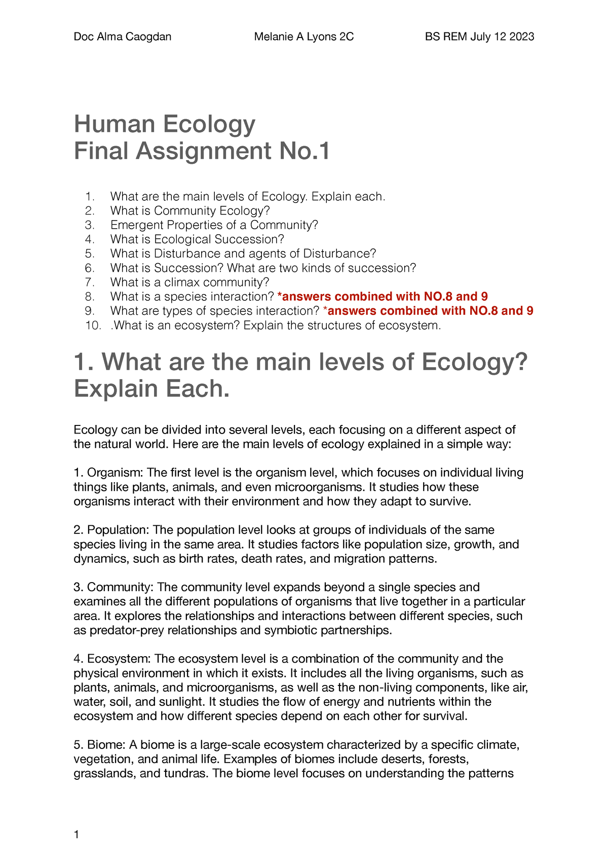 human ecology essay coa