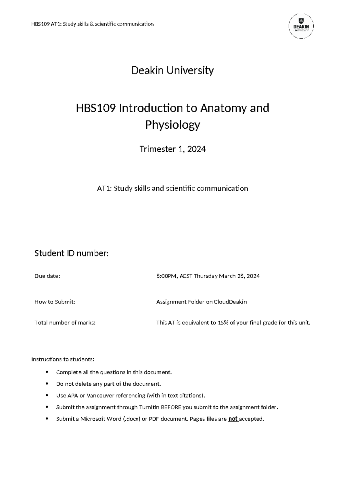 HBS109 AT1 - Instructions to students: Complete all the questions in ...