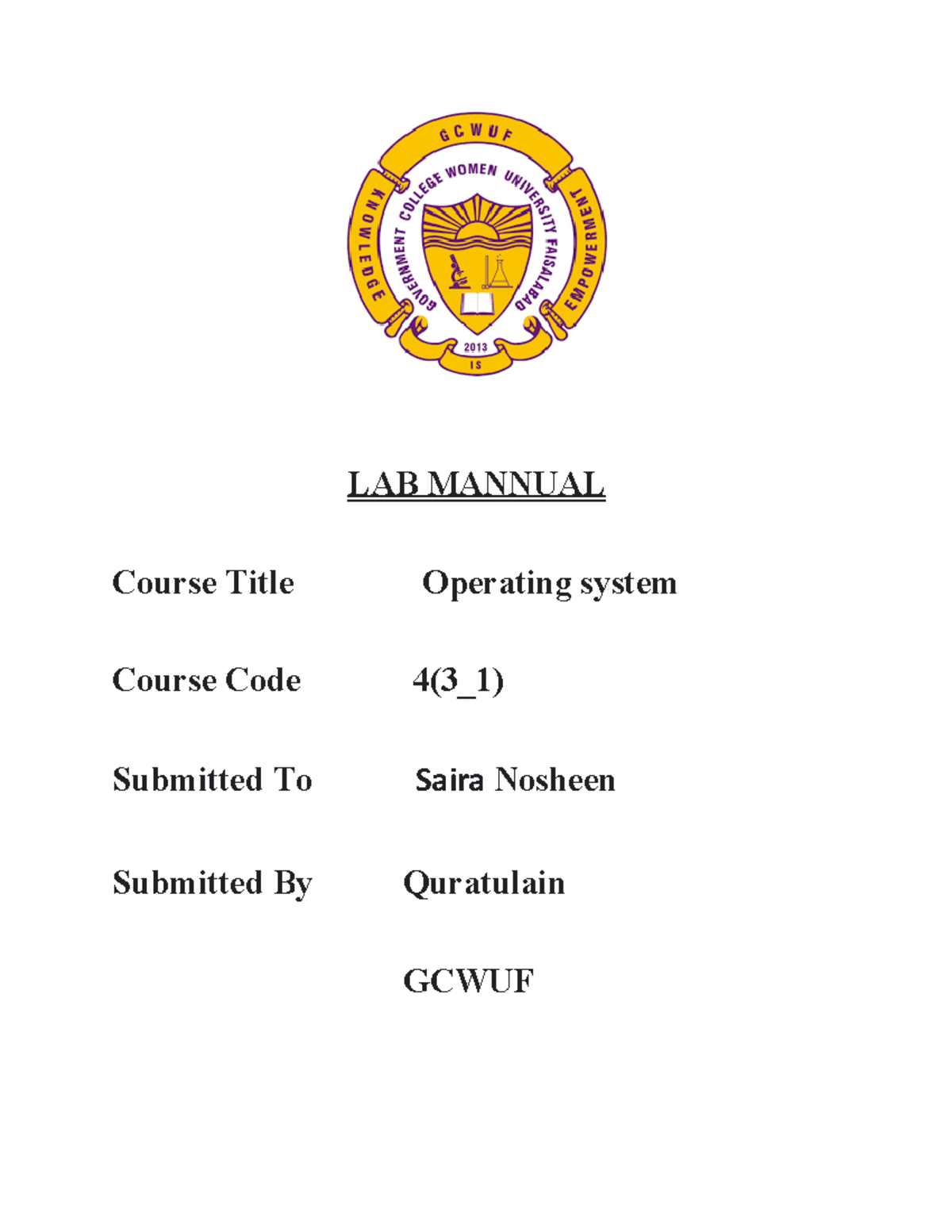 LAB Mannual Op - Lab Manual Oop - LAB MANNUAL Course Title Operating ...