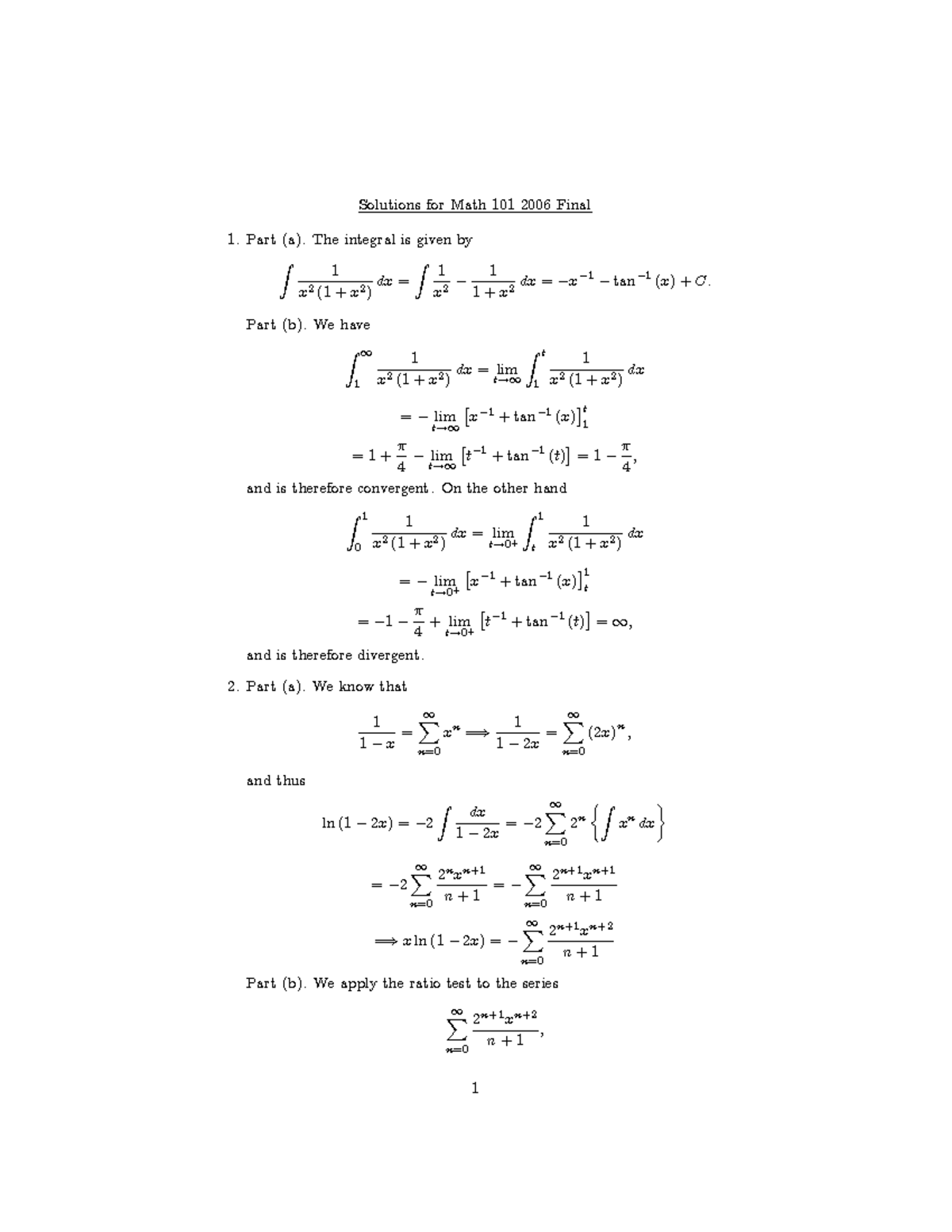 MATH 101 Winter 2006 final exam solutions - Solutions for Math 101 2006 ...