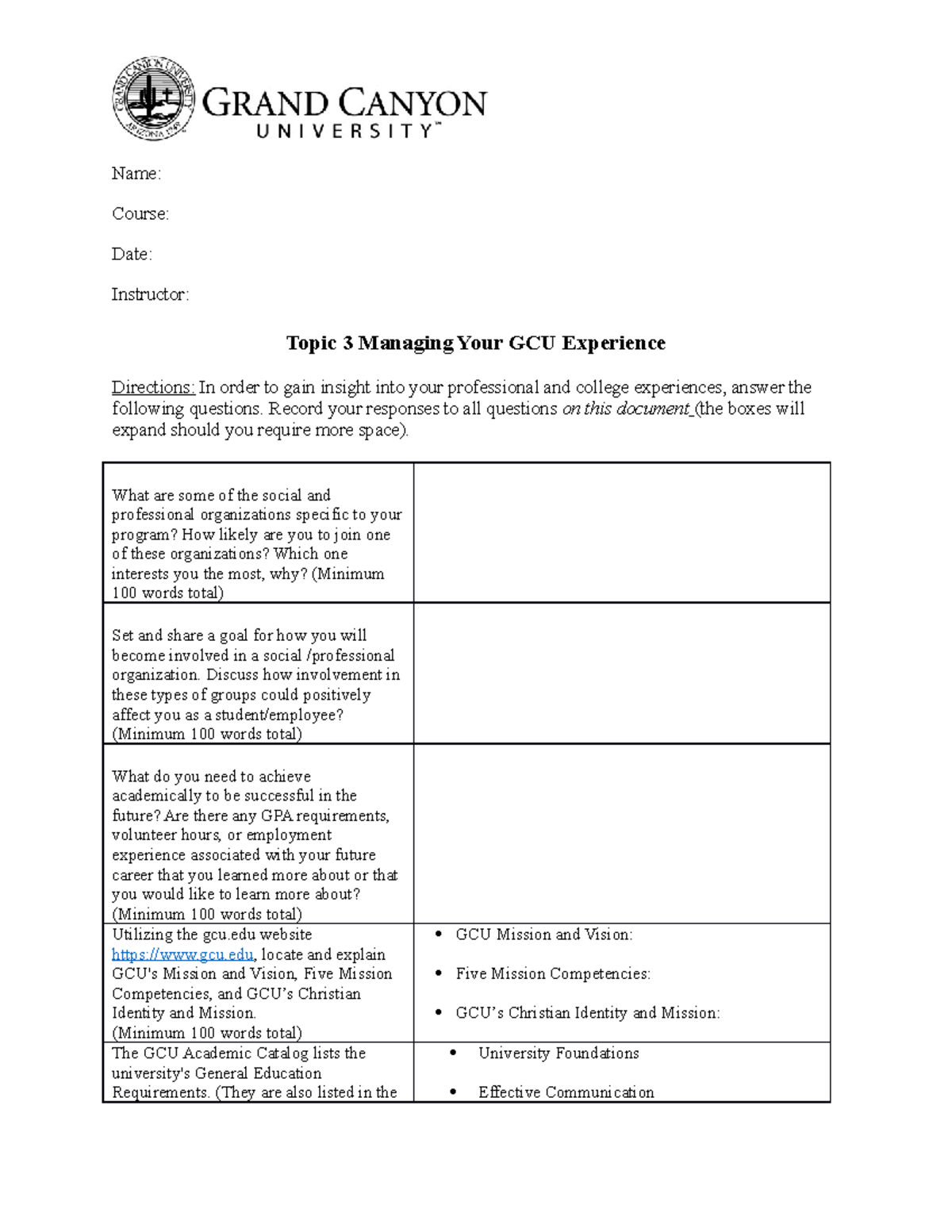 Gcu University Success 103 Name Course Date Instructor Topic 3 Gcu University Success 103 Name Course Date Instructor Topic 3