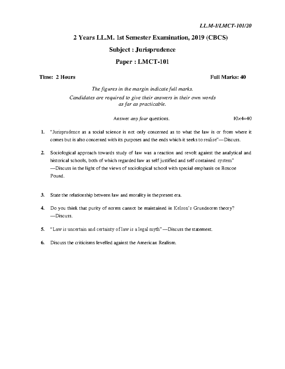 LLM LMCT101 Question paper LLI/LMCT101/ 2 Years LL. 1st Semester