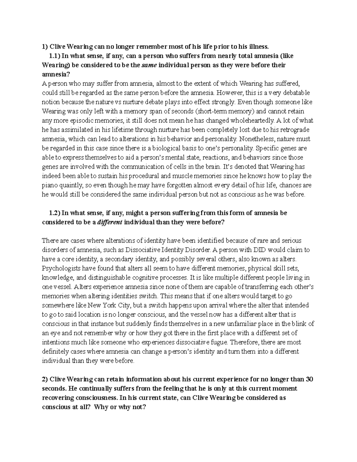 Clive Wearing Discussion Post Clive Wearing can no longer remember